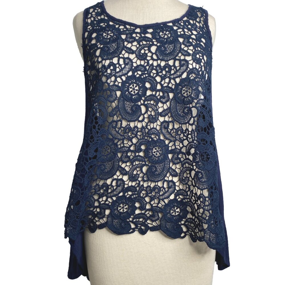 Tunic Top Shabby Chic Cottagecore Crochet Sleeveless Boho  in Navy Medium